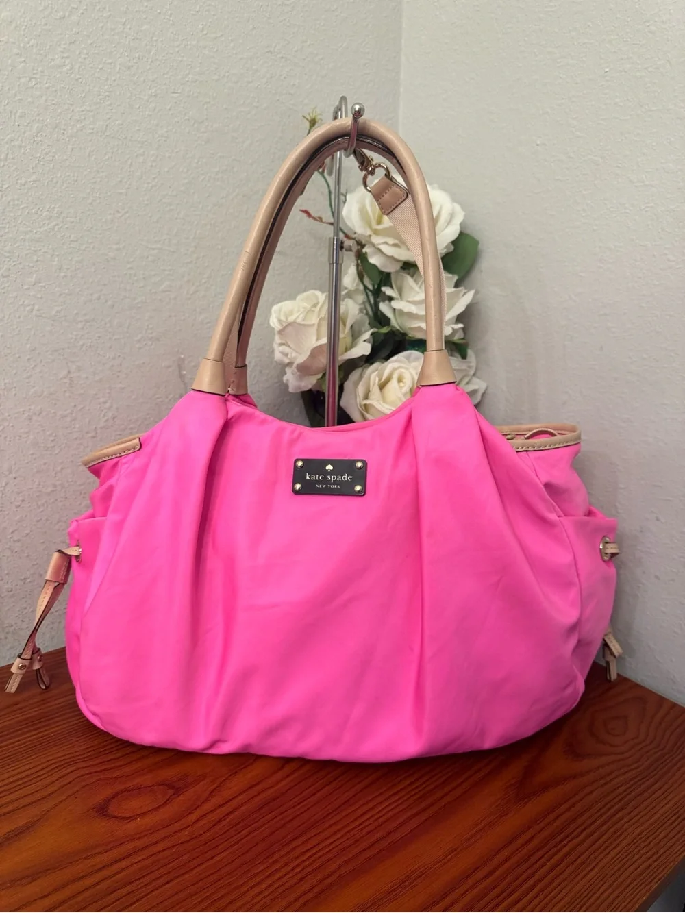 kate spade Bright Pink Nylon Tote with Cream Handles